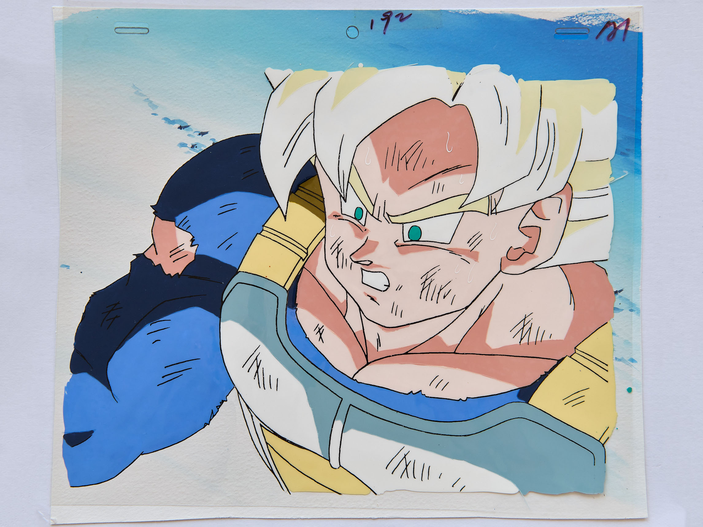 Dragon Ball Z anime production key cel A1 Gokû Super Saiyan with rare saiyan armor with original matching background and original douga from ep 187